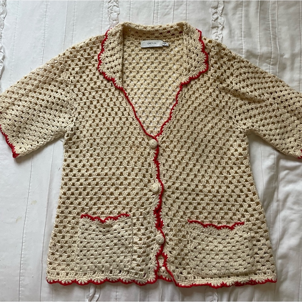 Anthropologie Greylin Crocheted Cream and Red Cardigan Sweater